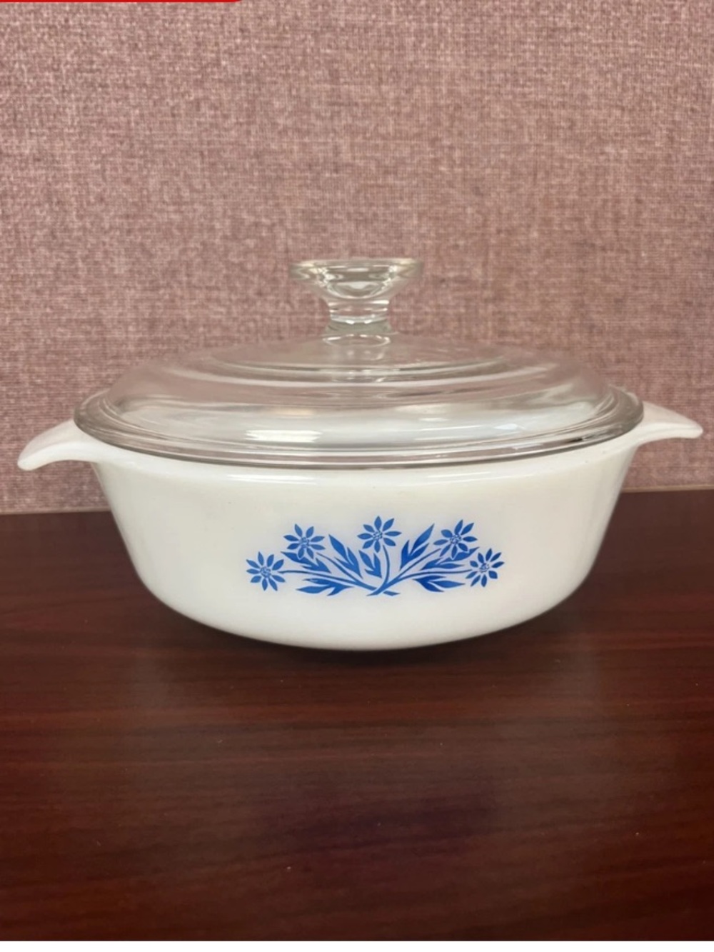 Anchor Hocking White Casserole Dish with Blue Floral Motif and Glass Lid